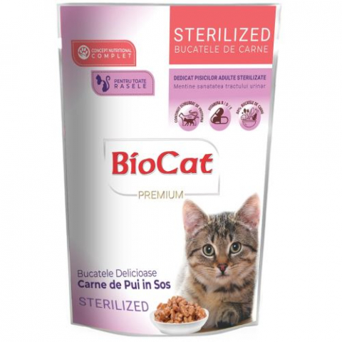 Pisici sterilizate - HRANA UMEDA PENTRU PISICI BIOCAT PLIC STERILIZATE PUI IN SOS 85gr(24/BAX)