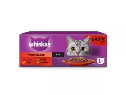 Promotii pisici - Hrana umeda pentru pisici Whiskas, selectii clasice in sos de carne, Vita, Pui, Miel si Pasare, 40 x 85 g