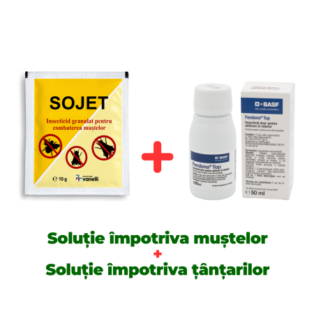 Insecticide pentru casă și fermă - Insecticid concentrat muște Sojet 10g + Insecticid concentrat țânțari, fără miros, Fendona 50ml