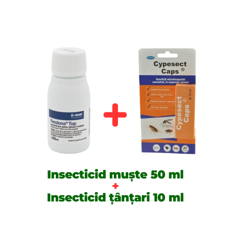 Insecticide pentru casă și fermă - Insecticid concentrat muște și țânțari, fără miros, Fendona 50ml + Insecticid concentrat Cypesect Caps 10 ml, fără miros, eficient contra gândacilor, ploșnițelor și puricilor