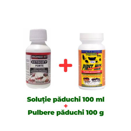 Pachete - Insecticid concentrat pentru purici, păduchi, gândaci Ectocid Forte 100 ml + Antiparazitar extern Piret Mix pulbere 100 gr