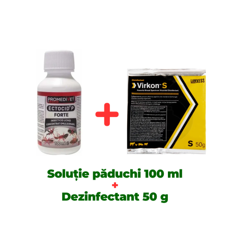 Pachete - Insecticid concentrat pentru purici, păduchi, gândaci Ectocid Forte 100 ml + Dezinfectant profesional pulbere Virkon S 50 gr