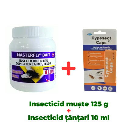 Insecticide pentru casă și fermă - Insecticid, fară miros, împotriva muștelor Masterfly Bait 125 gr + Insecticid concentrat Cypesect Caps 10 ml, fără miros, eficient contra gândacilor, ploșnițelor și puricilor