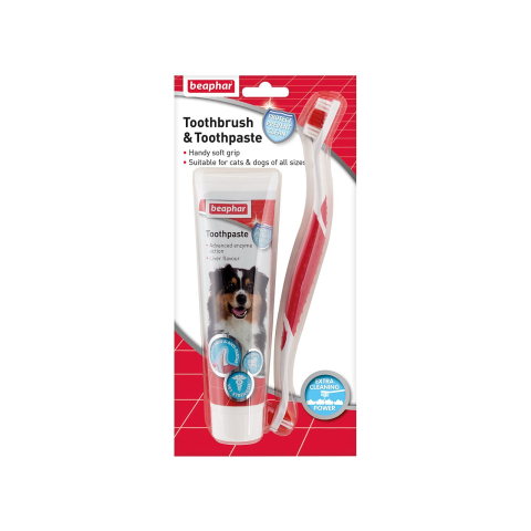 Import - KIT DENTAR PASTA+PERIUTA PENTRU CAINI DE TALIE MARE SI PISICI BEAPHAR 100G