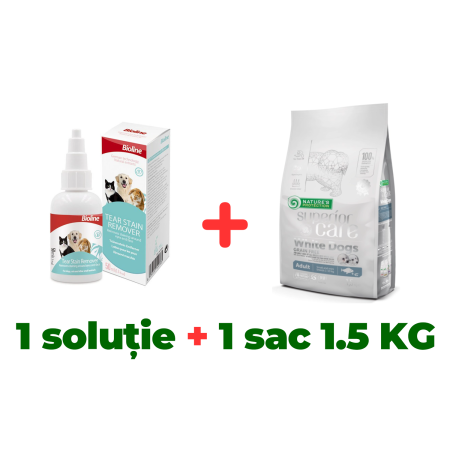 Pachete - Soluție îndepărtare lacrimi pentru câini și pisici Bioline + Hrană uscată pentru câini cu pește Superior Care White Dogs 1.5 KG