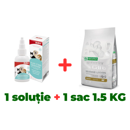 Pachete - Soluție îndepărtare lacrimi pentru câini și pisici Bioline + Hrană uscată pentru câini cu miel Superior Care White Dogs 1.5 KG
