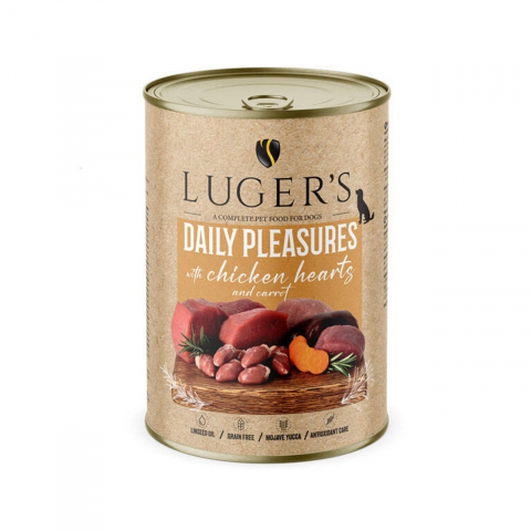 Hrana umeda caini - LUGER&#039;S HRANA UMEDA CONSERVA CAINI CU INIMI DE PUI &amp; MORCOV 400G