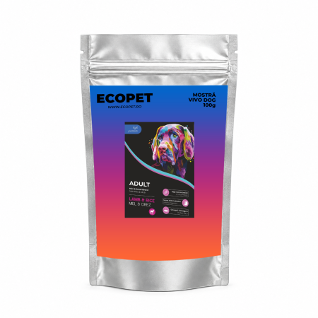 Hrana Uscata Caine Adult - Mostră 100g hrană uscată pentru câini de talie mică, cu miel și orez, VIVO