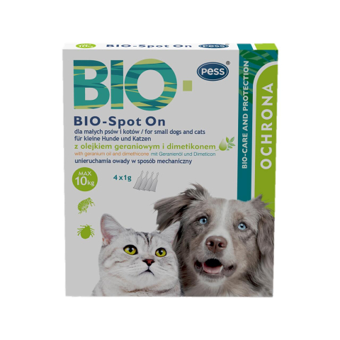 Farmacie veterinara - PESS BIO PIPETA ANTIPARAZITARA SPOT ON CU ULEI DE GERANIUM SI DIMETHICONE 4X1G PENTRU CANI SI PISICI < 10KG