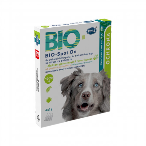 Farmacie veterinara - PESS BIO PIPETA ANTIPARAZITARA SPOT ON CU ULEI DE GERANIUM SI DIMETHICONE 4X2G CAINE TALIE MEDIE/MARE 10-20 KG