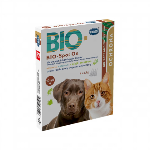 Farmacie veterinara - PESS BIO PIPETA ANTIPARAZITARA SPOT ON CU ULEI DE NEEM 4X2.5G CAINI TALIE MEDIE/MARE SI PISICI 10-20KG