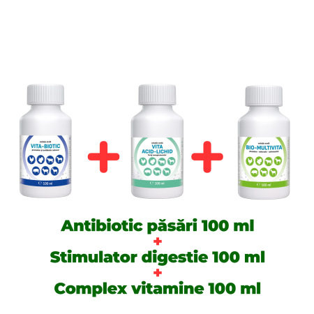 Pachete - Antibiotic natural păsări Vita Biotic 100 ml + Stimulator digestie Vita Acid lichid 100 ml + Complex vitamine Bio Multivita 100 ml