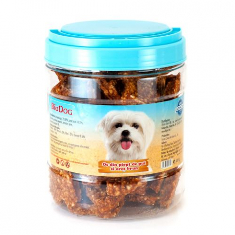 Recompense caini - RECOMPENSE PENTRU CAINI BIODOG OS DIN PIEPT DE PUI SI OREZ BRUN 500G