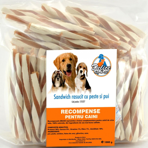 Recompense caini - RECOMPENSE PENTRU CAINI DELICE SANDWICH RASUCIT CU PESTE SI PUI SET 1 KG/ 125327
