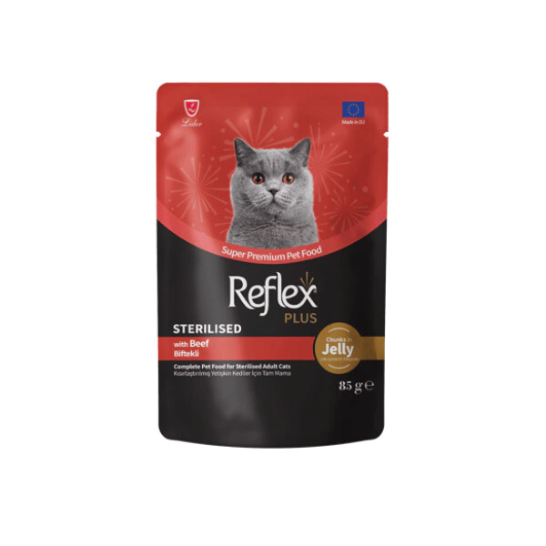 Pisici sterilizate - Hrană umedă pentru pisici cu vită Reflex Plus Sterilised 85 gr