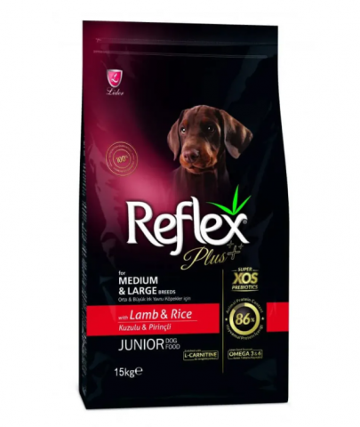 Caine junior - REFLEX Plus Junior, XS-XL, Miel și Orez, hrană uscată câini junior, 15kg