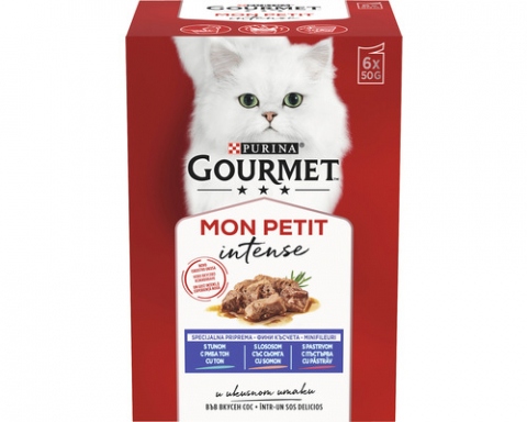Hrana umeda pisici - Set 6 buc x 50 gr Hrana umeda pentru pisici Gourmet Mon Petit cu ton, pastrav & somon
