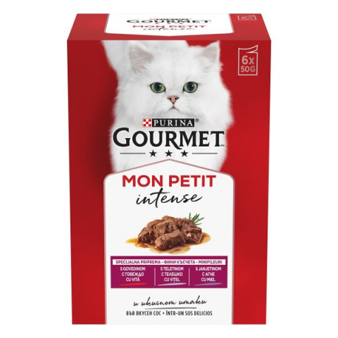 Pisici adulte - Set 6 buc x 50 gr Hrana umeda pentru pisici Gourmet Mon Petit cu vita, vitel & miel