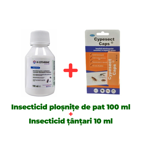 Insecticide pentru casă și fermă - Soluție anti ploșnițe de pat fără miros, K OTHRINE 100 ml + Insecticid concentrat Cypesect Caps 10 ml, fără miros, eficient contra gândacilor, ploșnițelor și puricilor