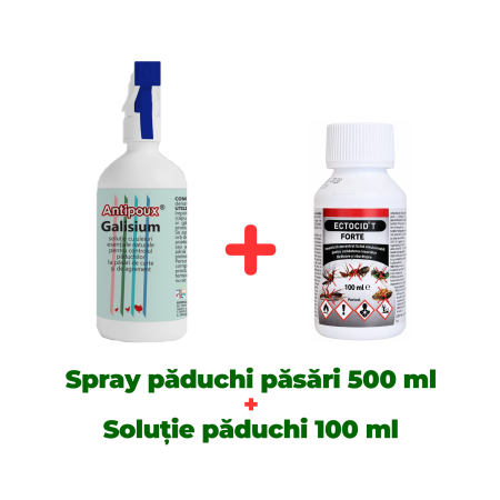 Antiparazitare păsări - Spray antiparazitar pentru păsări Antipoux Galisium 500 ml + Insecticid concentrat pentru purici, păduchi, gândaci Ectocid Forte T 100 ml