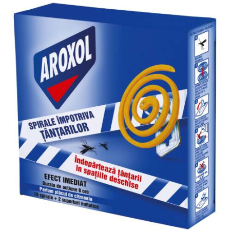 Insecticide pentru casă și fermă - Spirale țânțari Aroxol pentru spații exterioare, 10 bucăți, pentru terase, grădini și camping, miros plăcut