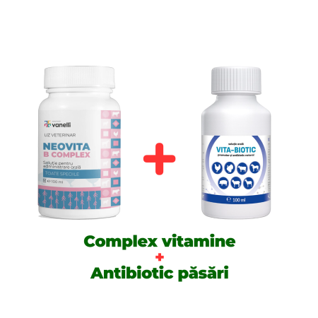 Suplimente și vitamine păsări și găini - Complex vitamine și antibiotic păsări Neovita B Complex + Vita Biotic 100 ml