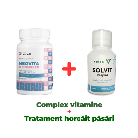 Suplimente și vitamine păsări și găini - Complex vitamine și tratament horcăit păsări, iepuri și viței 100ml Neovita B complex + Solvit Respiro