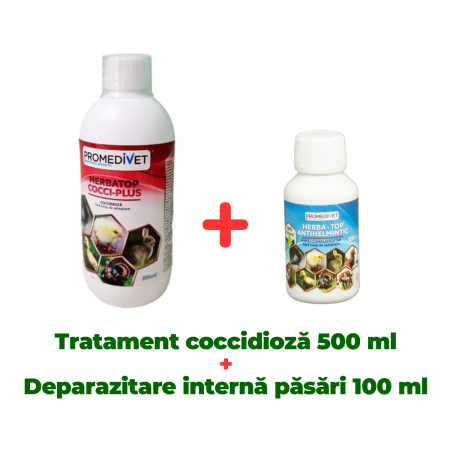 Pachete - Tratament și prevenție coccidioză, Herba Top Cocci-Plus 500 ml + Antiparazitar intern pentru păsări Herba Top Antihelmintic 100 ml