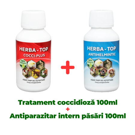 Pachete - Tratament și prevenție coccidioză, Herba Top Cocci-Plus 100 ml + Antiparazitar intern pentru păsări Herba Top Antihelmintic 100 ml - Copie