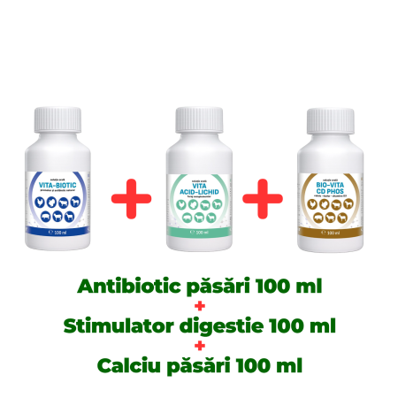 Pachete - Antibiotic natural păsări Vita Biotic 100 ml + Stimulator digestie Vita Acid lichid 100 ml + Calciu pentru păsări Bio Vita CD Phos 100 ml