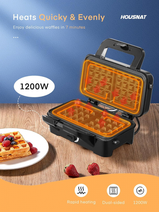 HOUSNAT Sandwichmaker 3 în 1 - Aparat de făcut vafe, Grătar, Toaster pentru sandwich-uri - 1200W cu reglare a temperaturii în 5 trepte - Decent  [3]