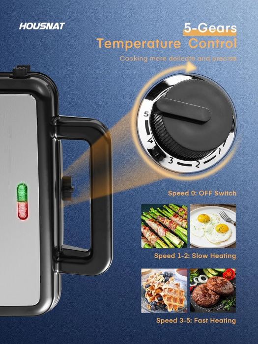 HOUSNAT Sandwichmaker 3 în 1 - Aparat de făcut vafe, Grătar, Toaster pentru sandwich-uri - 1200W cu reglare a temperaturii în 5 trepte - Decent  [5]