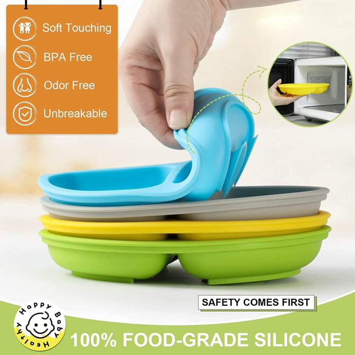 Set de farfurii din silicon pentru copii/bebeluși cu ventuze și capace - CA NOU [7]