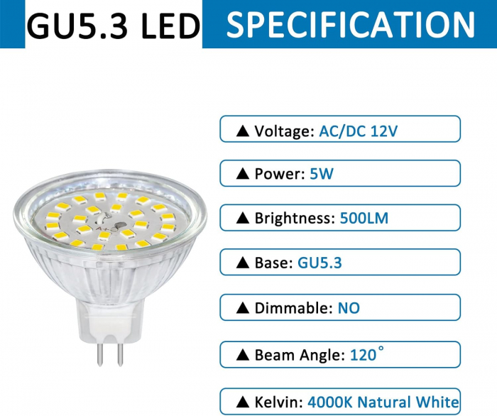 6 becuri LED GU5.3, 5W, 12V MR16, cu 500 de lumeni, culoare neutrală 4000K, non-dimabile -CA NOU [4]