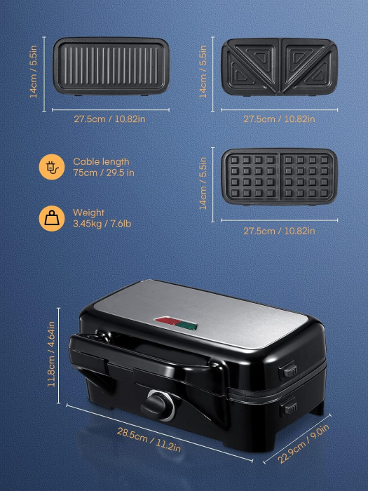 HOUSNAT Sandwichmaker 3 în 1 - Aparat de făcut vafe, Grătar, Toaster pentru sandwich-uri - 1200W cu reglare a temperaturii în 5 trepte - Decent  [2]