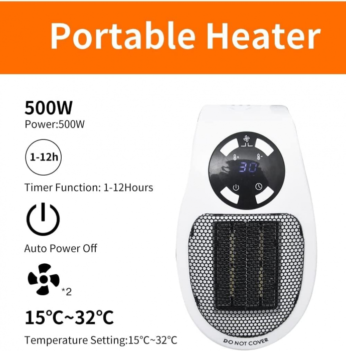 Aeroterma 500 W, încalzitor electric din ceramica, 3 moduri, termostat de camera sigur, eficient energetic și silentos, pentru interior, birou, dormitor, alb, [6]