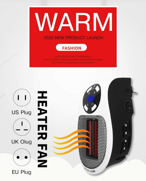 Aeroterma 500 W, încalzitor electric din ceramica, 3 moduri, termostat de camera sigur, eficient energetic și silentos, pentru interior, birou, dormitor, alb, [3]