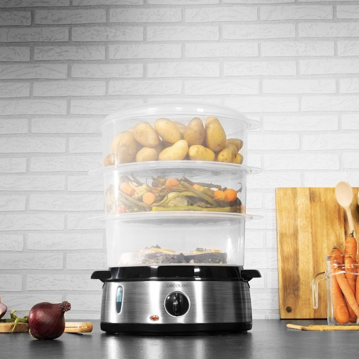 Aparat de gatit cu aburi Cecotec Vapovita 3000, 800 W, 9 l, Timer 60 min, 3 Cosuri gatire, Protectie supraincalzire, Mentinere la cald, Negru/Inox - CA NOU [3]