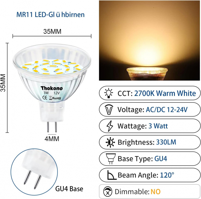 Becuri LED Thokono MR16 GU5.3, alb cald 2700K, 3W (înlocuiește becurile halogen de 20W) - CA NOU [2]