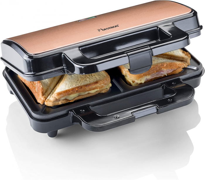 Bestron XL Sandwichmaker, Aparat pentru sandwich-uri cu înveliș antiaderent, 900 W, Negru/Cupru -FOARTE BUN [2]