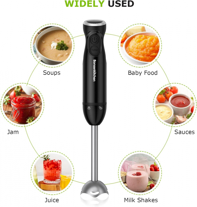 Blender de Mână Bonsenkitchen, 1000W, Inox, Viteze Reglabile, HB3201 (Negru) -CA NOU [4]