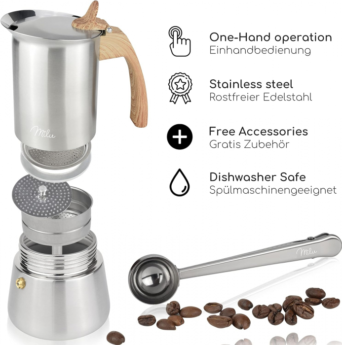 Cafetieră din oțel inoxidabil, Ibric de espresso, Set de espresso incluzând suport, linguriță,Milu-CA NOU [2]
