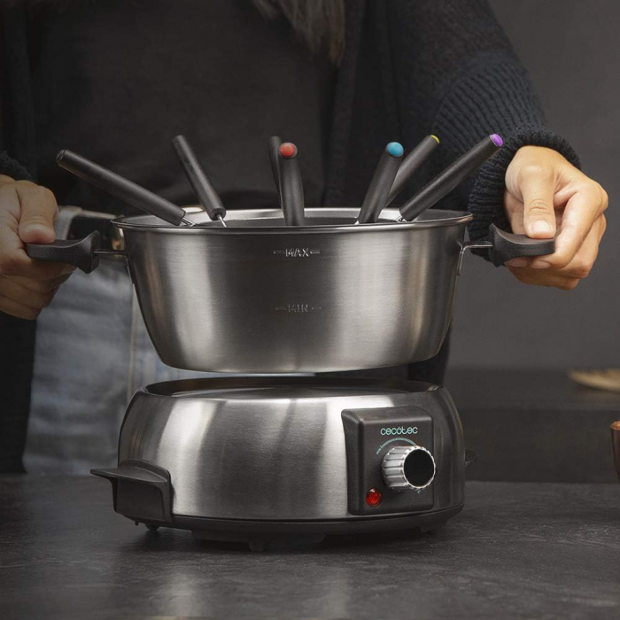 Cecotec FunGourmee Fondue Electrică din oțel inoxidabil pentru 8 persoane, cu Temperatură Reglabilă, 1000 W, cu 8 Furculițe, pentru Brânză, Ciocolată și Ulei -FOARTE BUN [3]