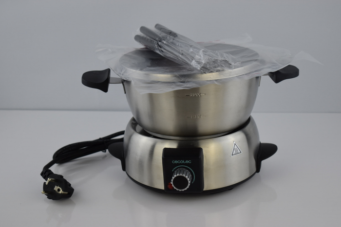 Cecotec FunGourmee Fondue Electrică din oțel inoxidabil pentru 8 persoane, cu Temperatură Reglabilă, 1000 W, cu 8 Furculițe, pentru Brânză, Ciocolată și Ulei -FOARTE BUN [7]
