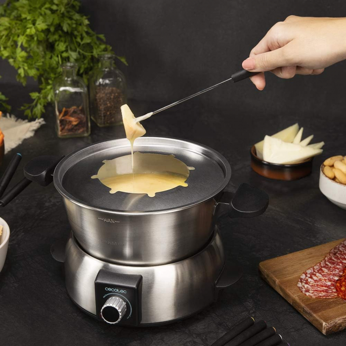 Cecotec FunGourmee Fondue Electrică din oțel inoxidabil pentru 8 persoane, cu Temperatură Reglabilă, 1000 W, cu 8 Furculițe, pentru Brânză, Ciocolată și Ulei -FOARTE BUN [6]