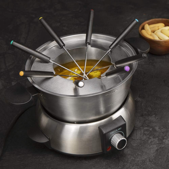 Cecotec FunGourmee Fondue Electrică din oțel inoxidabil pentru 8 persoane, cu Temperatură Reglabilă, 1000 W, cu 8 Furculițe, pentru Brânză, Ciocolată și Ulei -FOARTE BUN [4]