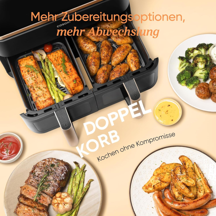 COSORI Air Fryer – Friteuză cu aer cald, 2 compartimente, 6‑în‑1, Dual Zone, XXL, capacitate 8,5 L, două camere, cu fereastră de vizualizare, pentru mese complete, 50 rețete incluse, eficientă din pun [6]