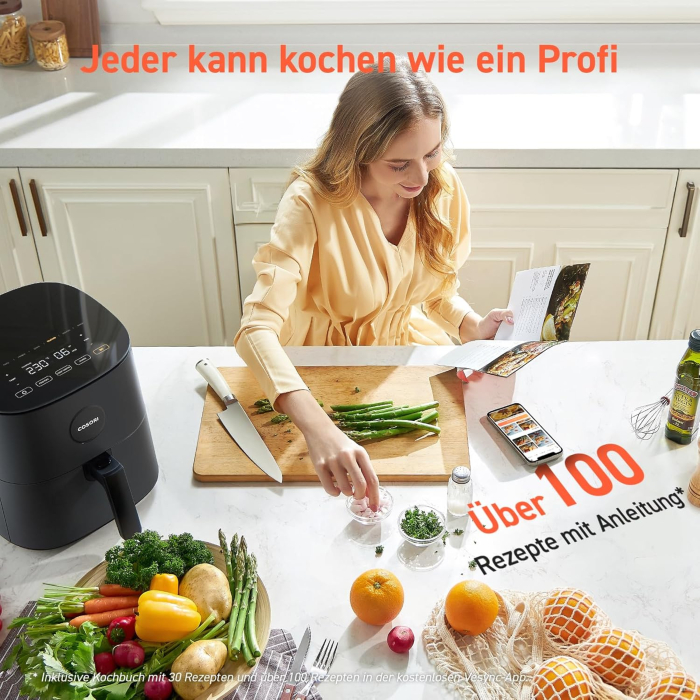 COSORI Airfryer, Friteuză cu Aer Cald 7-în-1, până la 230°C & 55 dB Silențioasă, peste 100 de rețete, ideală pentru pui, friptură, bacon, alimente congelate, economisește 55% energie, compatibilă cu m [3]