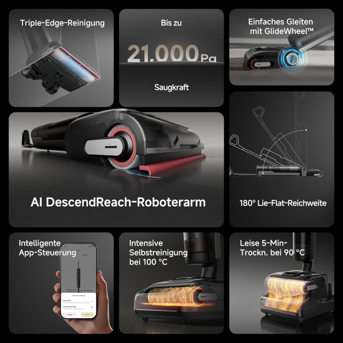 Dreame H15 Pro – Aspirator umed/uscat, braț robot AI cu coborâre GapFree, capac în 3 piese, aspirare 21 000 Pa, fără spații necurățate, spălare temeinică cu perii la 100 °C, 5 min, uscare la 90 °C [4]