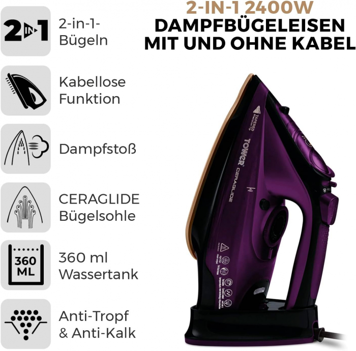 Fier de calcat fara fir cu talpa ceramica -Tower T22008 CeraGlide -Culoare mov -CA NOU [2]